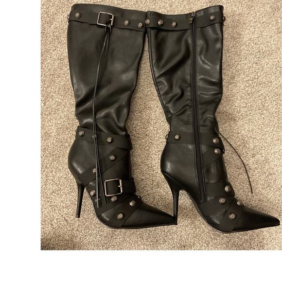 NWOT Frankie Hsu Punk Rivets Helled Stiletto Black Knee Hight Boot, Sz 7 - Picture 5 of 11